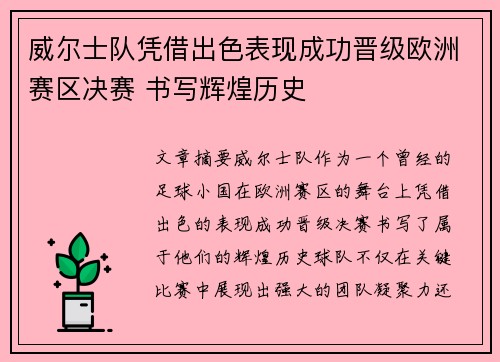 威尔士队凭借出色表现成功晋级欧洲赛区决赛 书写辉煌历史