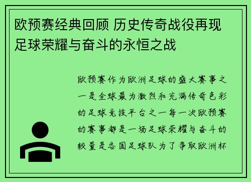 欧预赛经典回顾 历史传奇战役再现 足球荣耀与奋斗的永恒之战