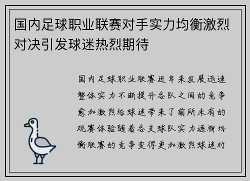 国内足球职业联赛对手实力均衡激烈对决引发球迷热烈期待