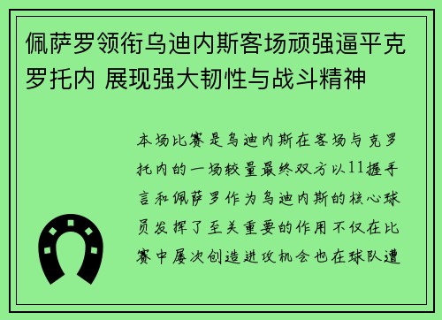 佩萨罗领衔乌迪内斯客场顽强逼平克罗托内 展现强大韧性与战斗精神