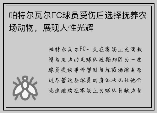 帕特尔瓦尔FC球员受伤后选择抚养农场动物，展现人性光辉